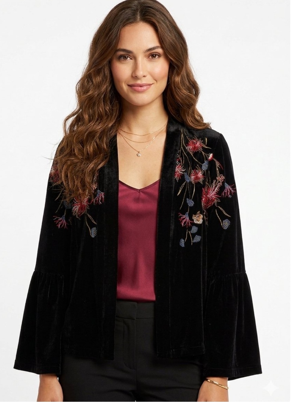 Mystree Black Velvet Embroidered Bell-Sleeve Cardigan with Floral Accents